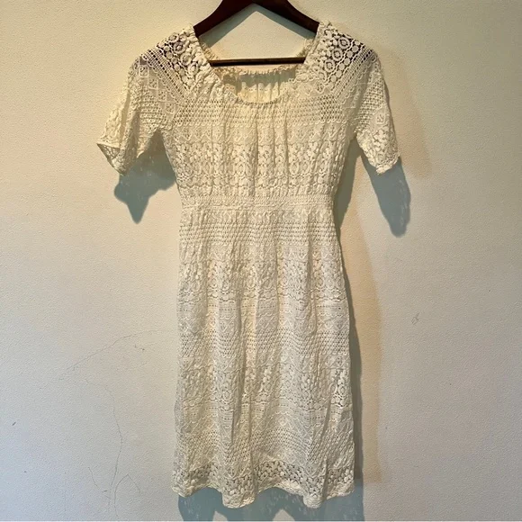 White Knit Knee Length Dress with Slip No Tags Open Eyelet Short Sleeve - Picture 2 of 5